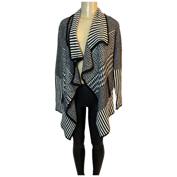 Juliette Jake Women Black Ivory Open Cardigan Striped Wool Blend Small - Picture 2 of 6